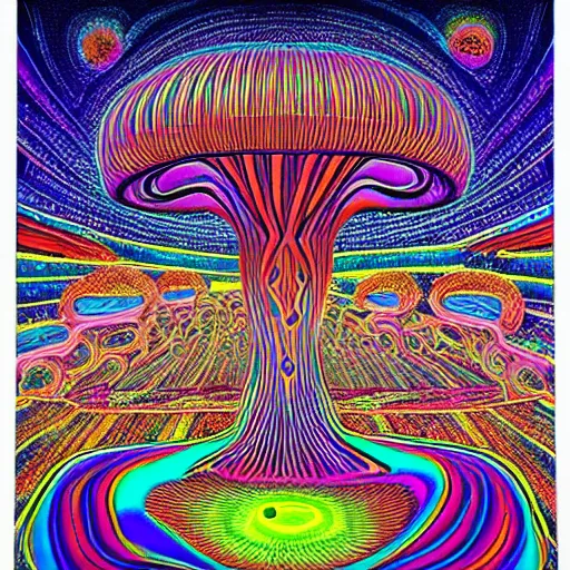 Image similar to psychedelic mushroom universe by Alex Gray, trippy