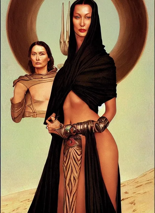 Image similar to full body and head portrait of bella hadid as gaius helen mohiam bene gesserit mother in dune 1982, by norman rockwell and jason fabok and tom lovell and frank schoonover and dean cornwell