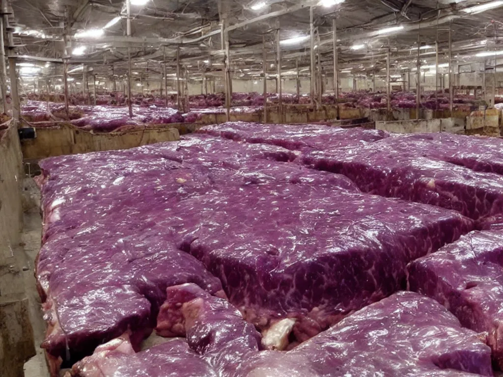 Prompt: shiny purple slab of meat being eaten by flies, warehouse, slaughterhouse, nightmare, horror,