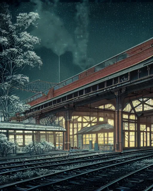 Prompt: a beautiful hyperdetailed illustration of industrial architecture railroad station abandoned by alvar aalto, cosmic at night thermal vision forest tokyo dramatic lighting, archdaily, wallpaper, highly detailed, trending on artstation.