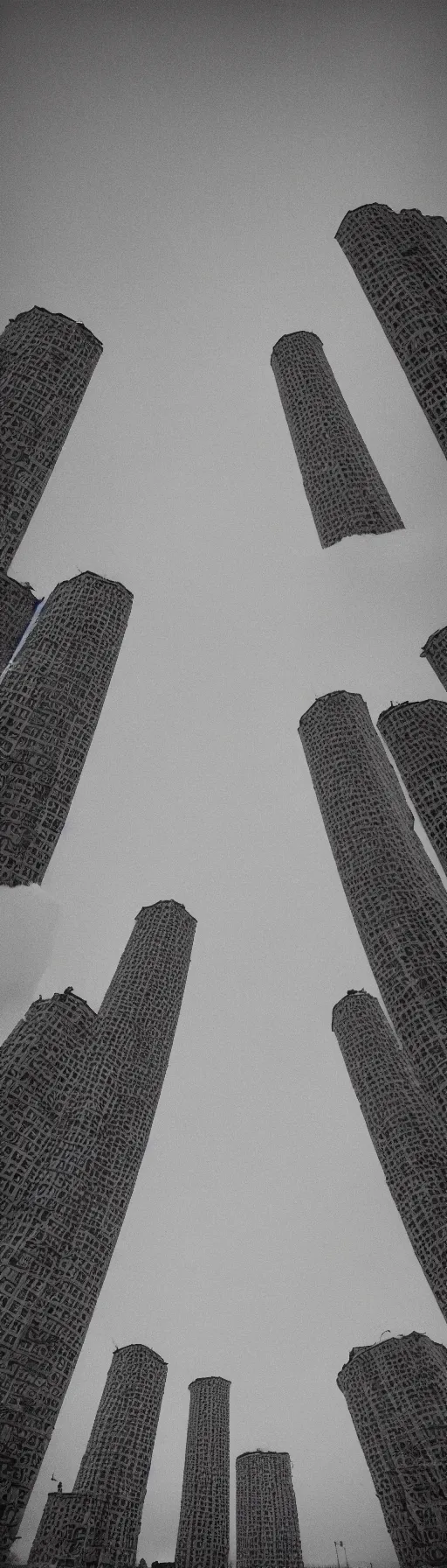 Image similar to A high-resolution black and white film photograph of details with 35 mm f/12 lens of Soviet-era buildings in Belarus while it snows