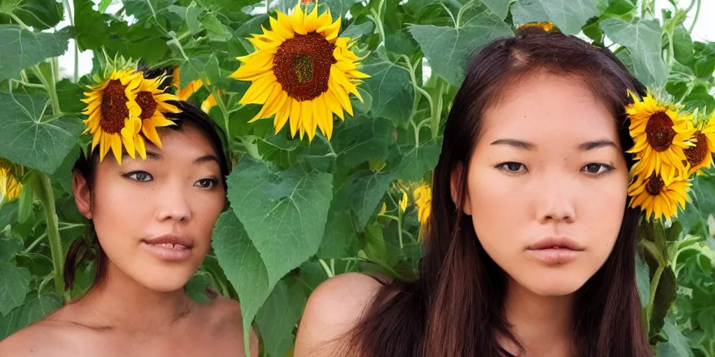 Image similar to queen of sunflowers, crown of vines, asian eyes + blue skin