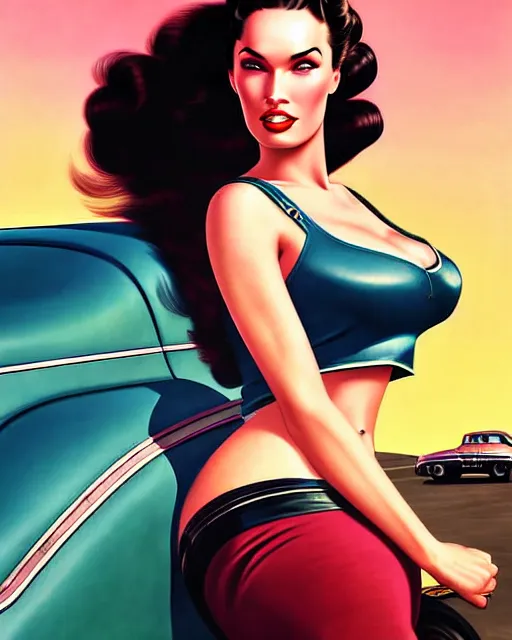 Image similar to gta v, low angle shot, beautiful retro space megan fox varga girl posing on a car in diesel punk city, windblown dark hair, retro pinup model, seductive, 1 9 4 0, hyper detailed, digital art, smooth, sharp focus, gil elvgren, anna dittmann alberto vargas,