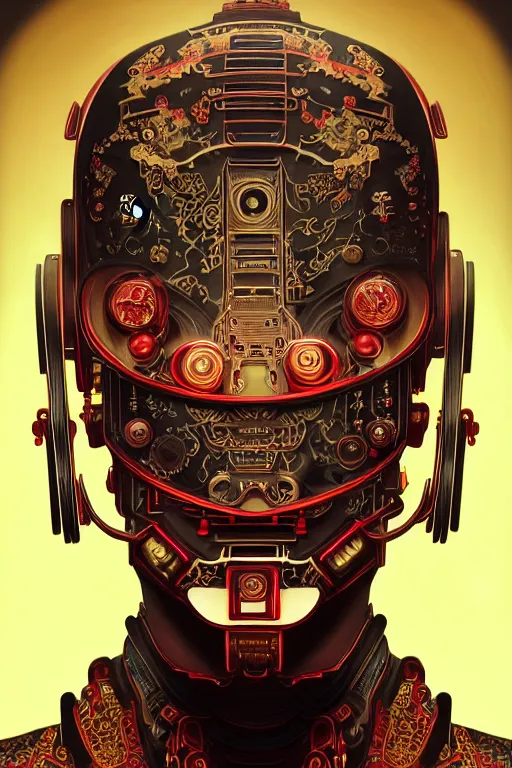 Image similar to portrait of a cyberpunk machine, machine face, upper half portrait, decorated with chinese opera motifs, asian, fine china, traditional chinese art, intricate, elegant, highly detailed, symmetry, headpiece, digital painting, artstation, concept art, smooth, sharp focus, illustration, art by artgerm and greg rutkowski and alphonse mucha, 8 k