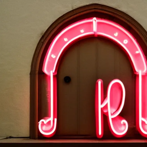 Image similar to A pink neon sign with rounded letters spelling 'odoo' above the front door of a cathedral