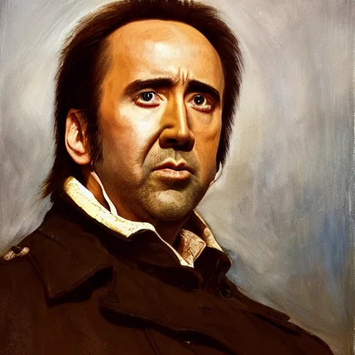 Prompt: Nicolas Cage as an Android, head and shoulders, oil on canvas, golden hour, in the world of Andrew Wyeth, artstation, by J. C. Leyendecker and Peter Paul Rubens,