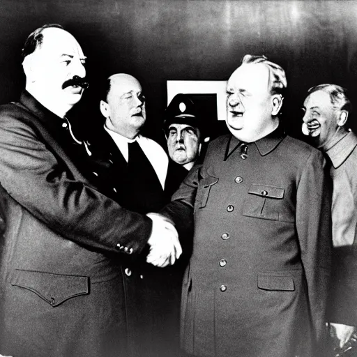 Prompt: Stalin, Churchill and Franklin Roosevelt having a great time