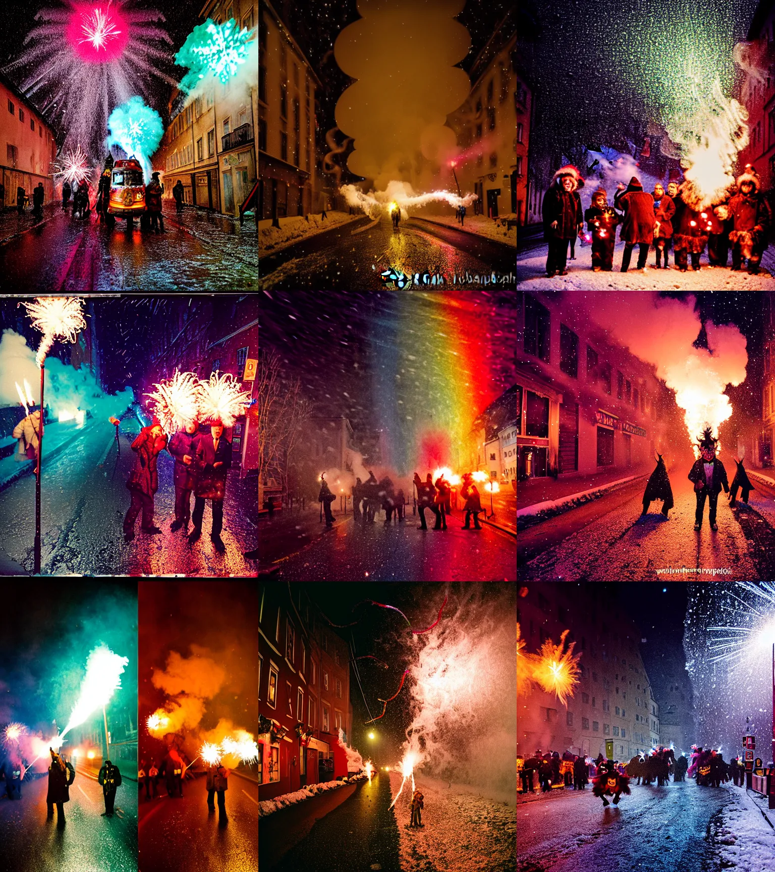 Image similar to kodak portra 4 0 0, wetplate, winter, snowflakes, rainbow coloured rockets, chaos, glitter tornados, award winning dynamic photo of a bunch of hazardous krampus between exploding fire barrels by robert capas, motion blur, in a narrow lane in salzburg at night with colourful pyro fireworks and torches, teal lights