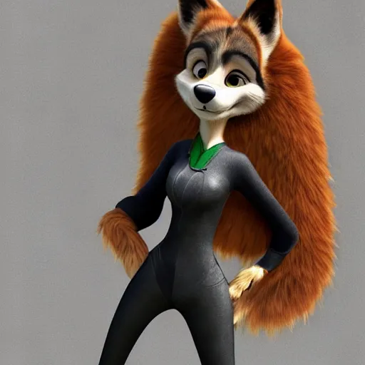 Image similar to portrait, 3d render , anthropomorphic female wolf , wearing a long leather jacket , in the style of Zootopia