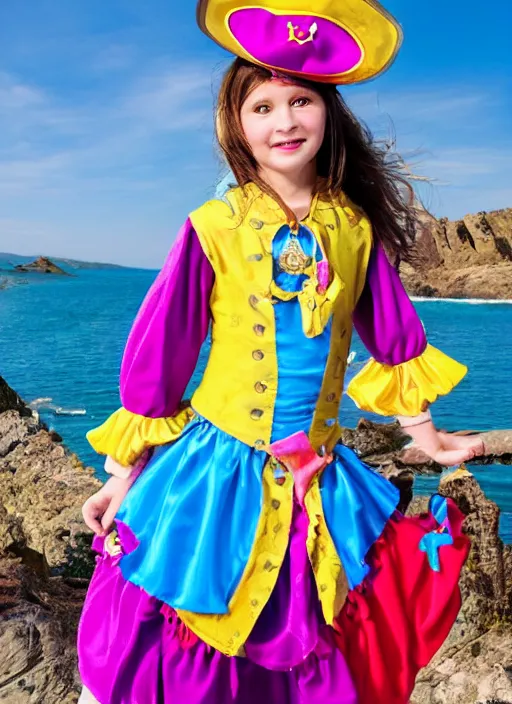 Image similar to a princess pirate in colorful clothing