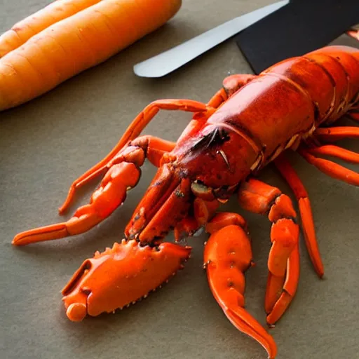 Prompt: human sized humanoid lobster sharpening a carrot