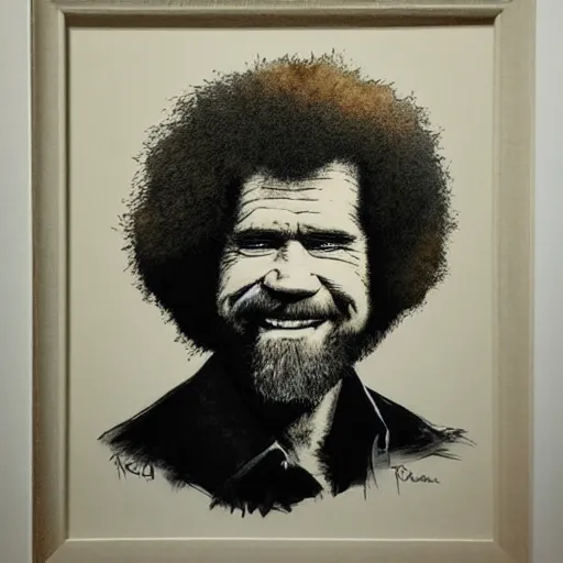 Prompt: bob ross in a portrait, drawn in ink by ralph steadman