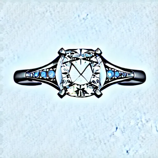 Prompt: sketch of engagement ring with two smaller diamonds outside and one bigger diamond in the middle, hyper detailed