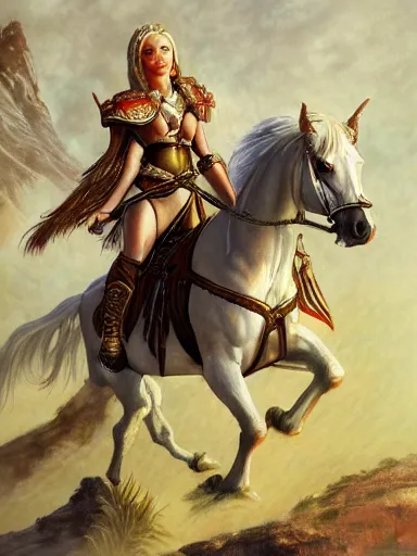 Image similar to painting of a white female elf warrior riding a horse, highly detailed painting, realistic, symmetrical, illustration, artstation, in the style of frank frazetta, ayami kojima