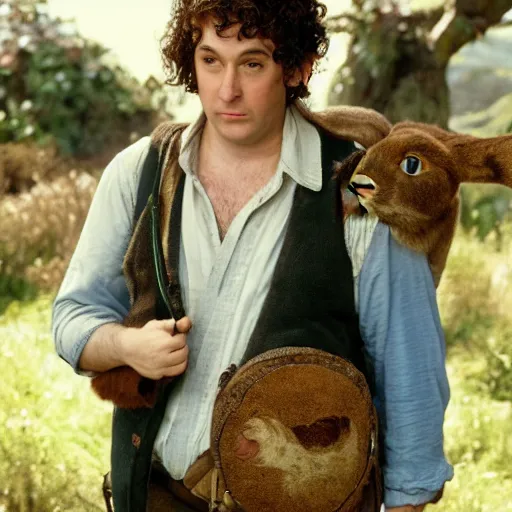Image similar to frowning clean shaven pudgy British lad with short curly dark brown hair as a hobbit wearing a white men's crossbody sling chest bag and blue vest standing next to a giant rabbit, blue vest! white crossbody chestbag!! high resolution film still, movie by Peter Jackson