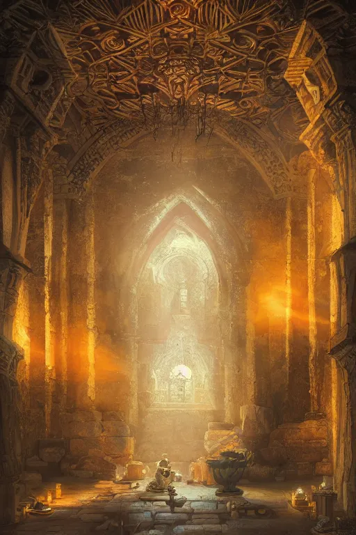 Prompt: Detailed Interior of Monastery Ruins, oriental patterns, light of god, light shafts, candles, stunning atmosphere, in Style of Peter Mohrbacher, cinematic lighting