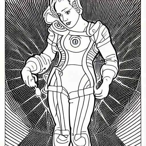 Prompt: clean simple line art with heavy black outlines of a woman floating in space wearing a space suit. no background. well composed, clean coloring book page, beautiful detailed face. coloring book line art by steve ditko and jack kirby and alphonse mucha and mike mignola