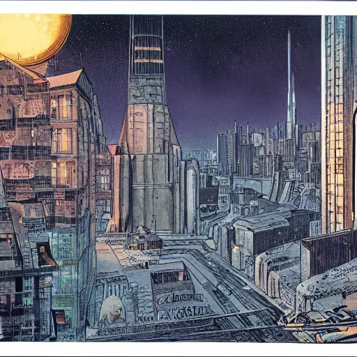 Image similar to comic book page, a city on the moon, by Francois Schuiten