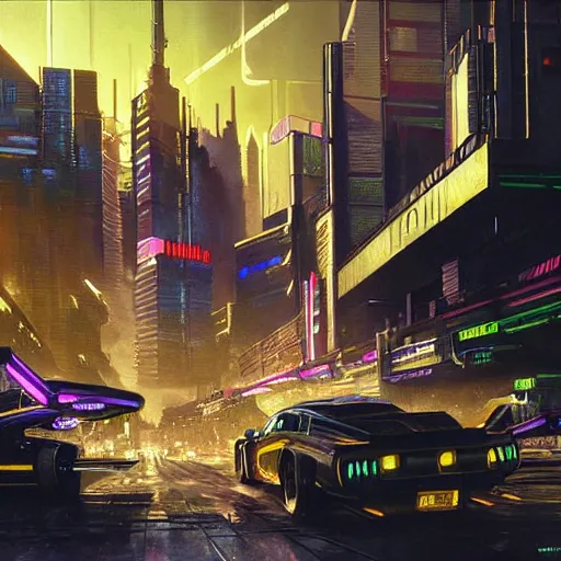 Image similar to cyberpunk 2 0 7 7 night city, highly detailed, oil painting, dark, dramatic,