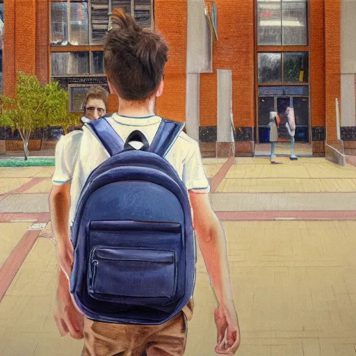 Prompt: cinematic hyperrealism style masterpiece where a student appears with his backpack happy at school