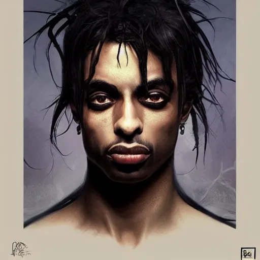 Image similar to dark fantasy character portrait of Playboi Carti as a vampire, dystopian mood, intricate, wild, highly detailed, digital painting, artstation, concept art, smooth, sharp focus, illustration, art by artgerm and greg rutkowski and alphonse mucha