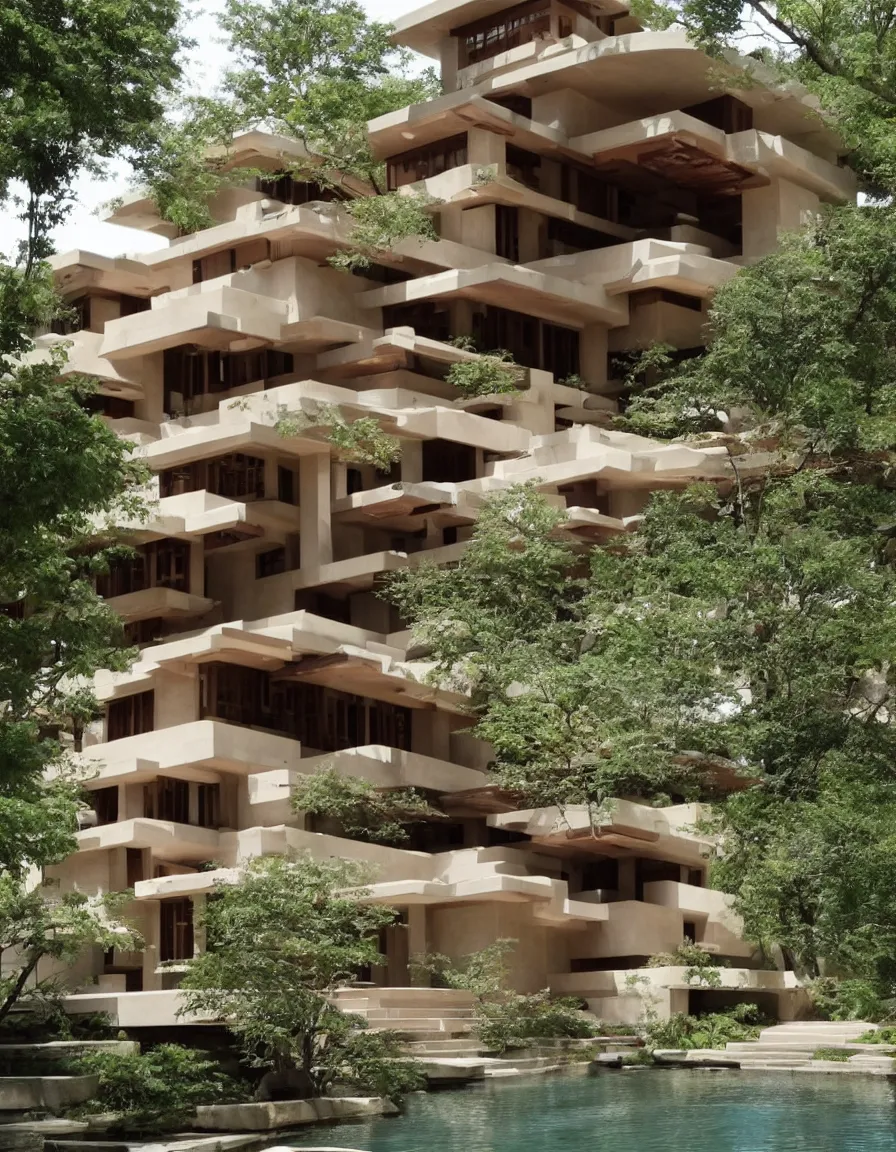 Image similar to a flowing villa with architectural design ， by frank lloyd wright ， trending ，