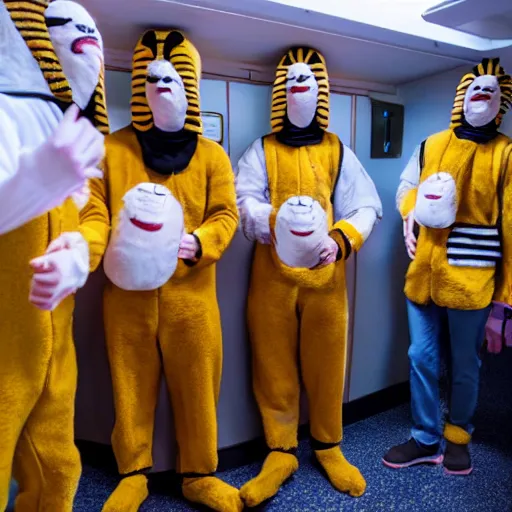 Image similar to several men with bee costumes in the corridor of a capsule hotel