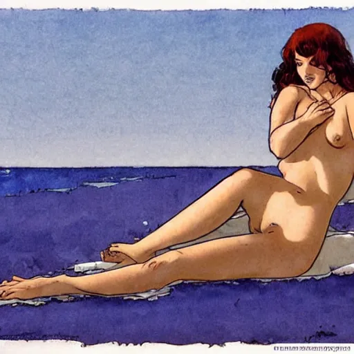 Image similar to a woman at the beach, milo manara style