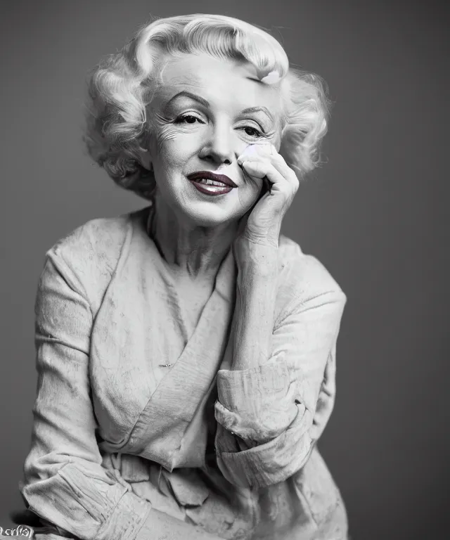 Image similar to dslr photo portrait still of 1 0 year old age 1 0 0 marilyn monroe at age 3 5!!!, 8 5 mm f 1. 8