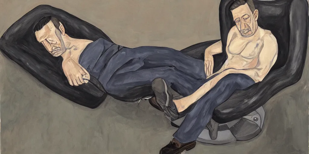 Prompt: a depressed men leans back in a recliner, super detailed, by alice neel, oil on canvas.