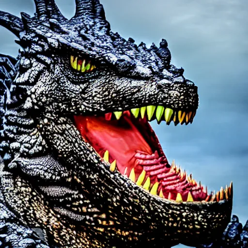 Image similar to Photorealistic photograph of godzilla by Suzi Eszterhas, photorealism, photorealistic, realism, real, highly detailed, ultra detailed, detailed, f/2.8L Canon EF IS lens, Canon EOS-1D Mark II, Wildlife Photographer of the Year, Pulitzer Prize for Photography, 8k