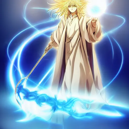 Prompt: a beautiful manga character wizard with free flowing hair holding a staff that has a glowing blue orb at the head of it emanating brilliant blue light, high detail, high resolution