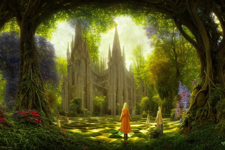 Prompt: a beautiful and highly detailed digital painting of an elven cathedral in a beautiful garden in a mystical forest, psychedelic, intricate details, cgsociety, 8 k, sharp focus, photorealism, by caspar friedrich, albert bierstadt, james gurney, brian froud,