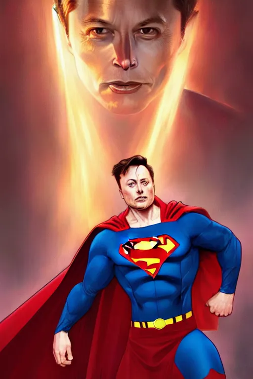 Image similar to elon musk as superman, realistic portrait, symmetrical, highly detailed, digital painting, artstation, concept art, smooth, sharp focus, illustration, cinematic lighting, art by artgerm and greg rutkowski and alphonse mucha