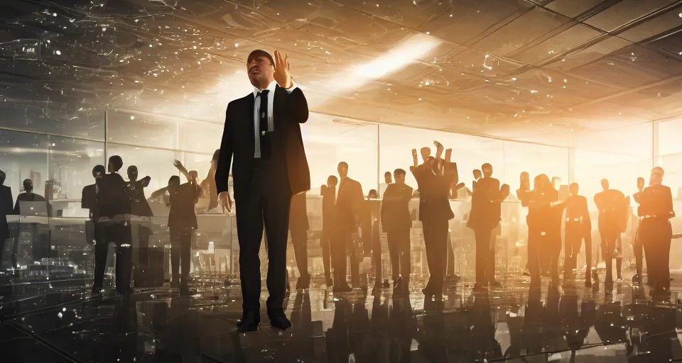 Image similar to Dramatic photo of a CEO waving to a large group of his coworkers in a futuristic office. Golden coins are levitating all around them. 8k, high detail, trending on Artstation, volumetric lighting, cyberpunk