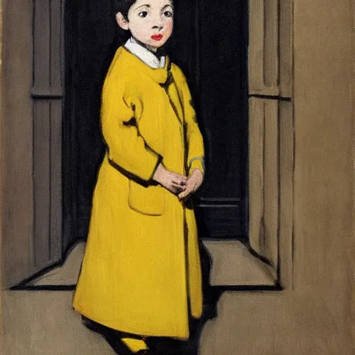 Prompt: a painting of a little girl with short black hair and wearing a yellow coat alone in the inner courtyard of an abbey by hopper and de chirico