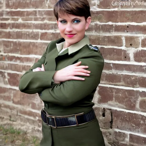 Image similar to brunette, short flipped out hair, green eyes, military uniform, smirk