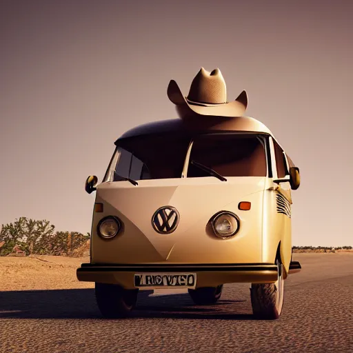Image similar to a man wearing a cowboy hat standing by a volkswagen camper on a paved desert highway, digital painting, masterpiece, digital art, concept art, octane render, unreal engine 5, trending on deviantart, highly detailed, high quality, 4 k, realistic and detailed face, cinematic, high coherence, soft lighting, path traced, elegant,