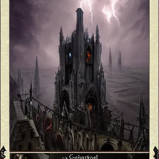 Prompt: an ultra detailed tarot card of a lonely and impossibly tall ominous gothic dark citadel tower of the evil patriarch, in the style of magic the gathering, in a river elevated high above the city, gaslight fantasy capital city, ultrawide lense, aerial photography, scary thunderstorm, exquisite detail, 8 k, art by greg rutkowski and alphonse mucha