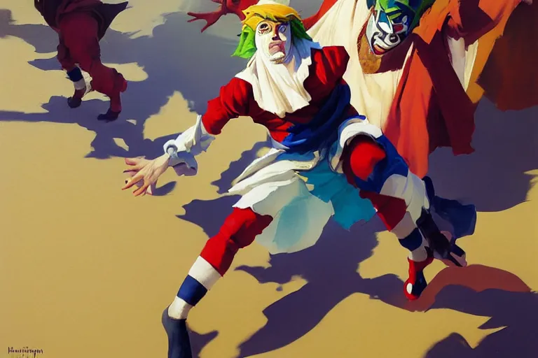 Prompt: greg manchess portrait of a man in a jester outfit naruto run, sunny day, matte painting, bold shapes, hard edges, street art, trending on artstation, by huang guangjian, gil elvgren, ruan jia, randy vargas, greg rutkowski