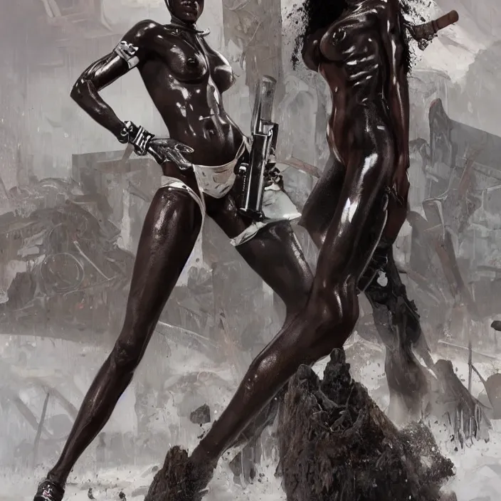 Image similar to african domme mistress, full body, powerful ebony skin, rubber and latex, postapocalyptic, smooth white surroundings, smooth, high tech, concept art, realistic painting, digital art by greg rutkowski, by junji ito