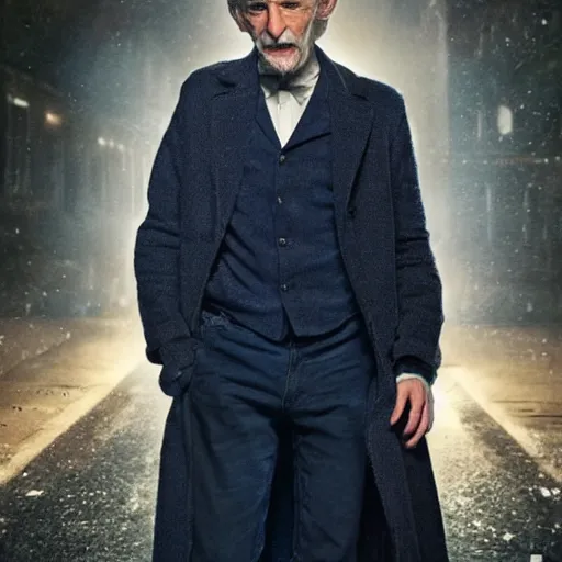 Image similar to tom holland as a rough dirty old man with a scruffy beard in a dark blue trenchcoat as the new doctor who, cinematic, volumetric lighting, f 8 aperture, cinematic eastman 5 3 8 4 film, photorealistic