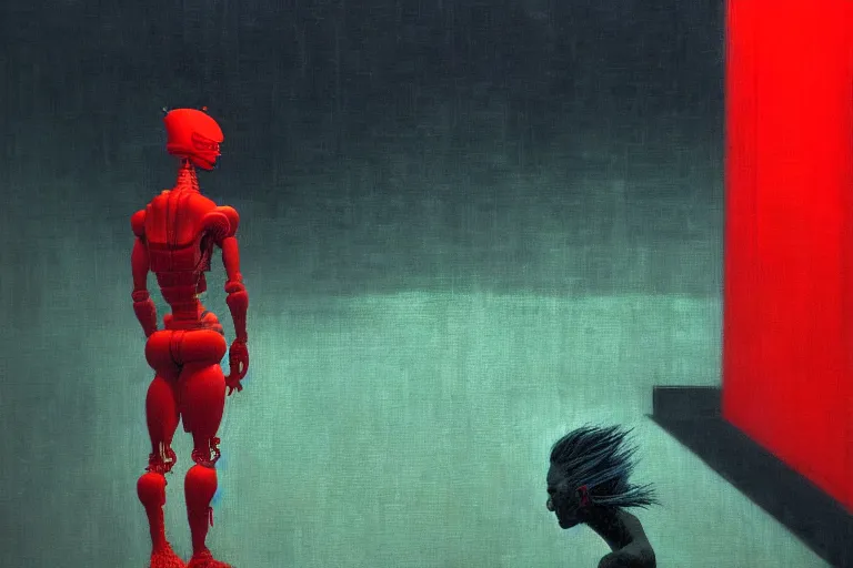 Image similar to only with red, a red samurai humanoid, tokio futuristic in background, yokai, in the style of beksinski, parts by edward hopper, parts by rodcenko, parts by yue minjun, intricate and epic composition, red by caravaggio, insanely quality, highly detailed, masterpiece, red light, artstation, 4 k