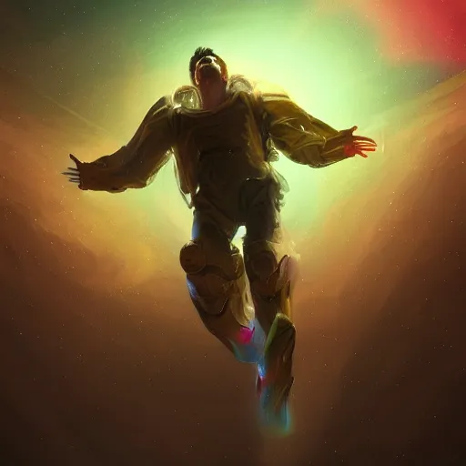 Prompt: digital painting of a man ascending to galactical bliss, dynamic lighting, cinematic shot, concept art, sci - fi, fantasy, artstation