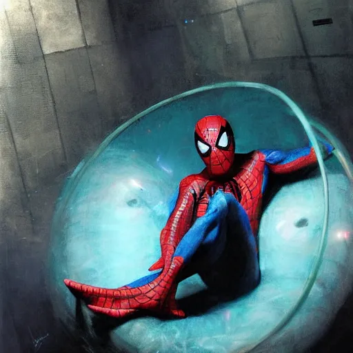 Image similar to portrait of an emotional spiderman sitting in a ball pit, by jeremy mann, peter elson.