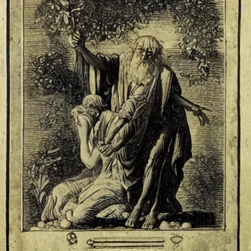 Image similar to barinthus, the ferryman, personification of age carrying a person towards death, esoteric experience of dying from the aging process of life