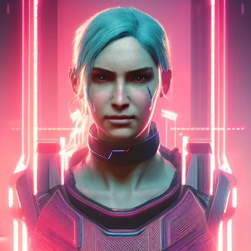 Prompt: headshot portrait of female V from cyberpunk 2077 wearing thick steel choker around neck, 4K, detailed face, collar on neck, realistic, artstation, neon,