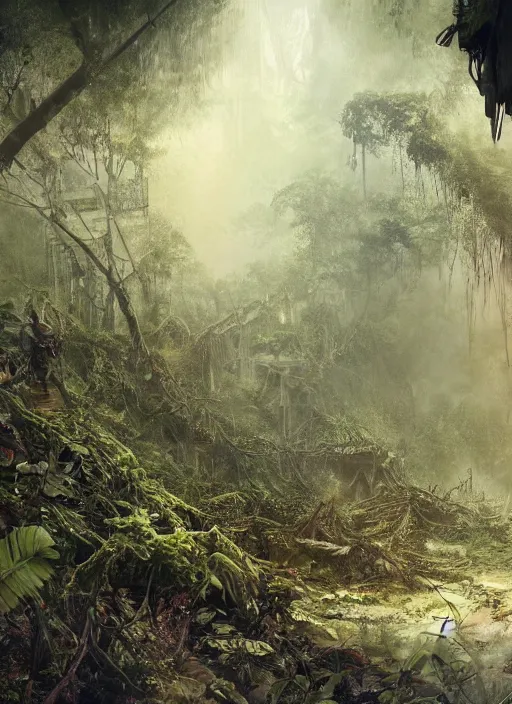 Image similar to decayed aircraft carrier USS Nimitz laying on the ground of a tropical forest overgrown with vegetation and hanging vines, post appocalyptic, by Luis Royo, by Greg Rutkowski, dark, gritty, intricate, cover illustration, concept art, volumetric lighting, volumetric atmosphere, sharp focus, octane render, trending on artstation, 8k