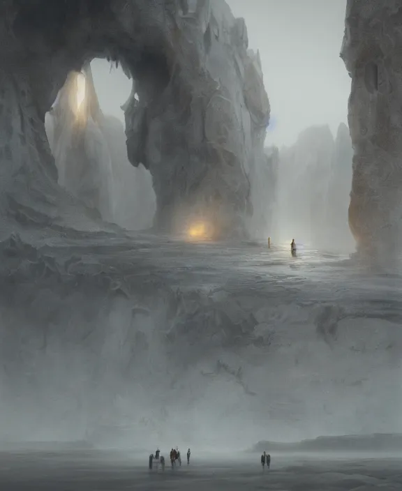 Image similar to surreal epic, masterpiece, romantic prometheus white exploration base, ancient ochre palette, impossible architecture by ruan jia, mecha floor, futuristic, blame, white architecture in the beach in iceland, foggy, highly detailed, digital painting, arstation, concept art, hyperealistic octane render, unreal engine