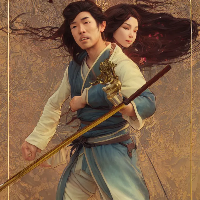 Image similar to kamado tanjiro wielding his katana, highly detailed, gold filigree, fantasy, soft cinematic lighting, award, disney concept art, watercolor illustration by mandy jurgens and alphonse mucha and alena aenami, pastel color palette, featured on artstation